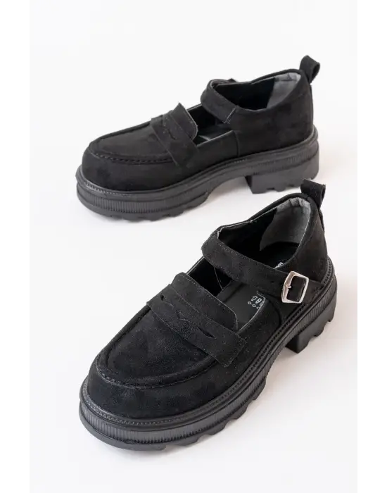 Siyah Süet Kadın Günlük Yüksek Tabanlı Loafer Ayakkabı