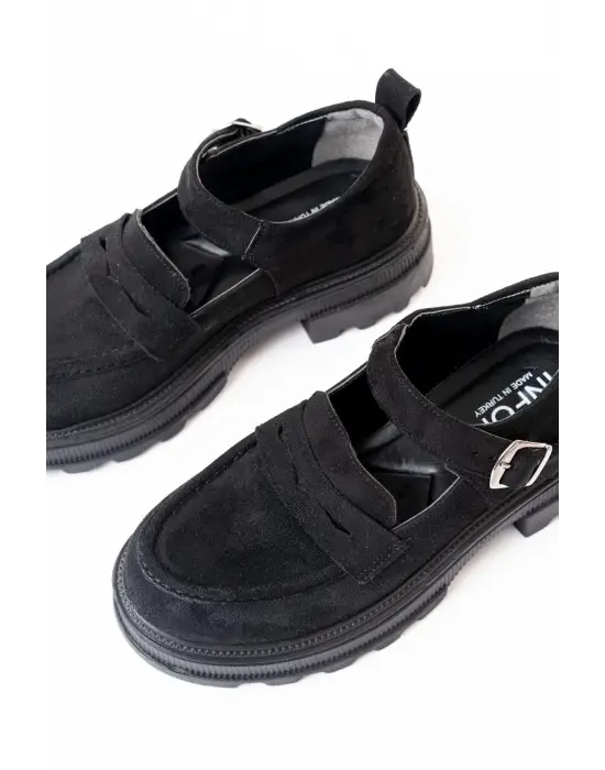 Siyah Süet Kadın Günlük Yüksek Tabanlı Loafer Ayakkabı