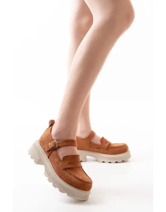 Taba Süet Kadın Günlük Yüksek Tabanlı Loafer Ayakkabı