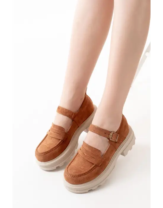 Taba Süet Kadın Günlük Yüksek Tabanlı Loafer Ayakkabı