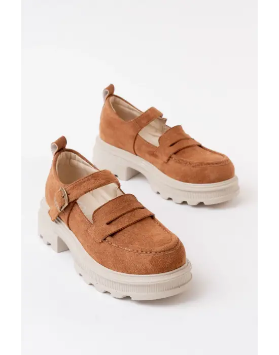 Taba Süet Kadın Günlük Yüksek Tabanlı Loafer Ayakkabı