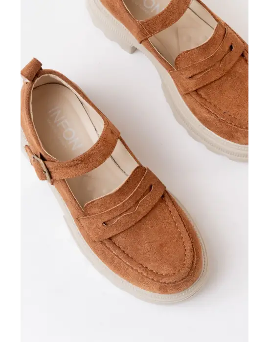 Taba Süet Kadın Günlük Yüksek Tabanlı Loafer Ayakkabı