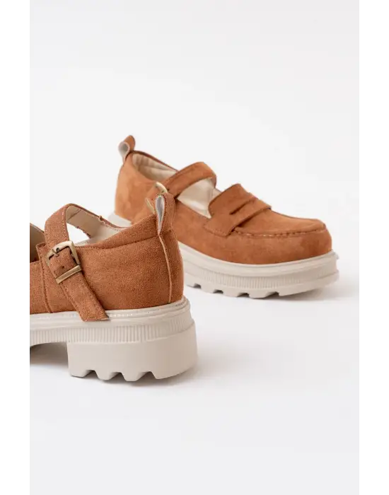 Taba Süet Kadın Günlük Yüksek Tabanlı Loafer Ayakkabı