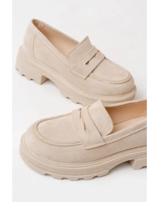 Bej Süet Günlük Yüksek Tabanlı Loafer Ayakkabı