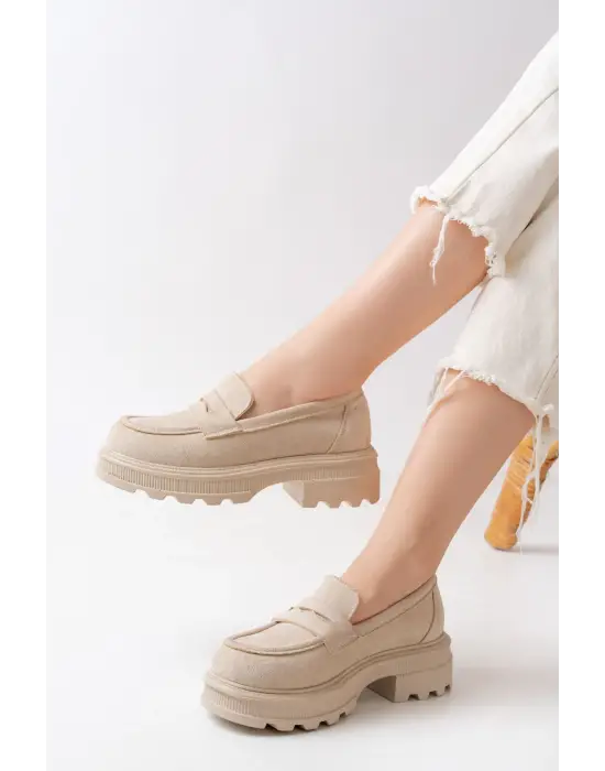 Bej Süet Günlük Yüksek Tabanlı Loafer Ayakkabı