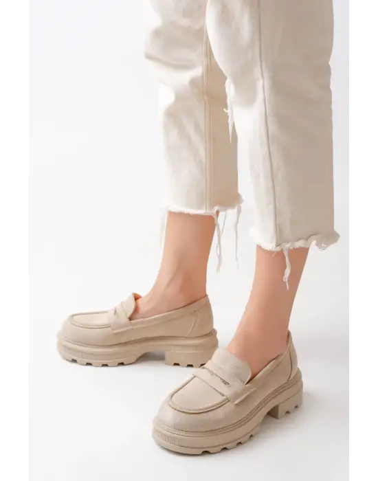Bej Süet Günlük Yüksek Tabanlı Loafer Ayakkabı