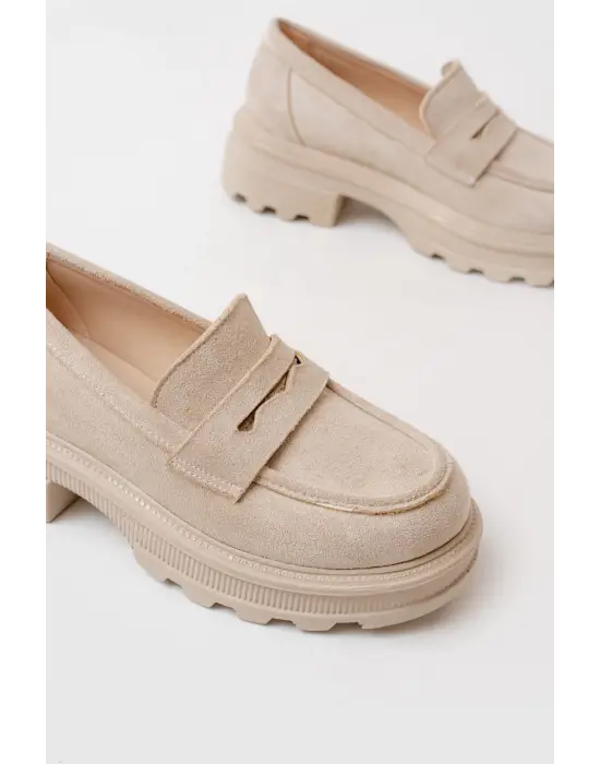 Bej Süet Günlük Yüksek Tabanlı Loafer Ayakkabı