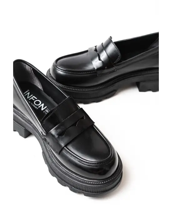 Siyah Rugan Günlük Yüksek Tabanlı Loafer Ayakkabı