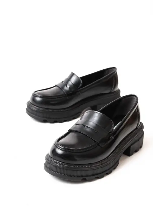 Siyah Rugan Günlük Yüksek Tabanlı Loafer Ayakkabı