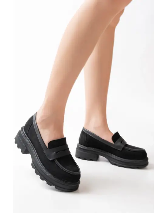 Siyah Süet Günlük Yüksek Tabanlı Loafer Ayakkabı