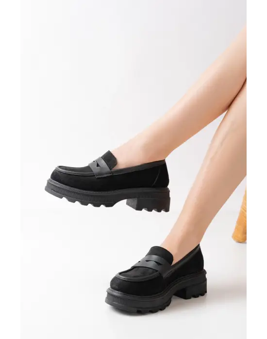 Siyah Süet Günlük Yüksek Tabanlı Loafer Ayakkabı