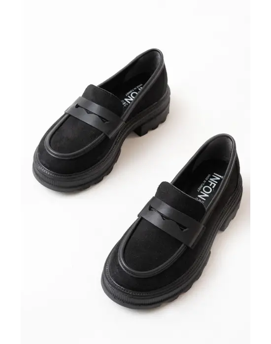 Siyah Süet Günlük Yüksek Tabanlı Loafer Ayakkabı