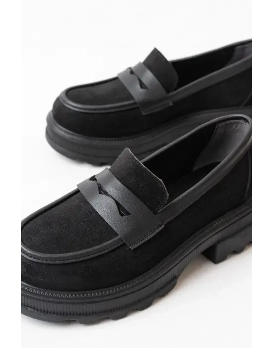 Siyah Süet Günlük Yüksek Tabanlı Loafer Ayakkabı