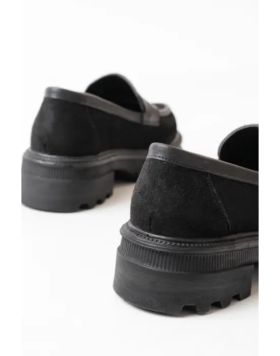 Siyah Süet Günlük Yüksek Tabanlı Loafer Ayakkabı