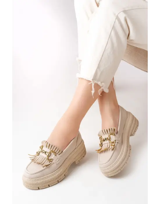 Bej Tokalı Günlük Yüksek Tabanlı Loafer Ayakkabı