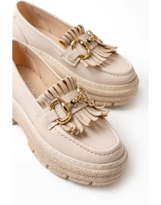 Bej Tokalı Günlük Yüksek Tabanlı Loafer Ayakkabı