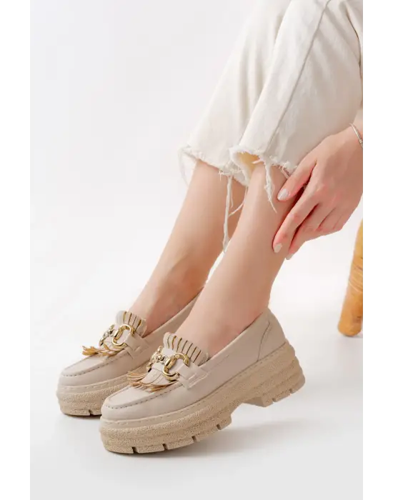Bej Tokalı Günlük Yüksek Tabanlı Loafer Ayakkabı