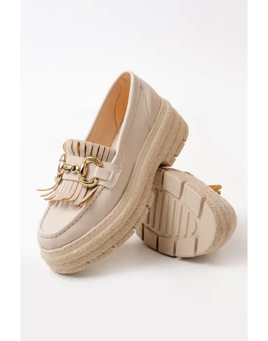 Bej Tokalı Günlük Yüksek Tabanlı Loafer Ayakkabı