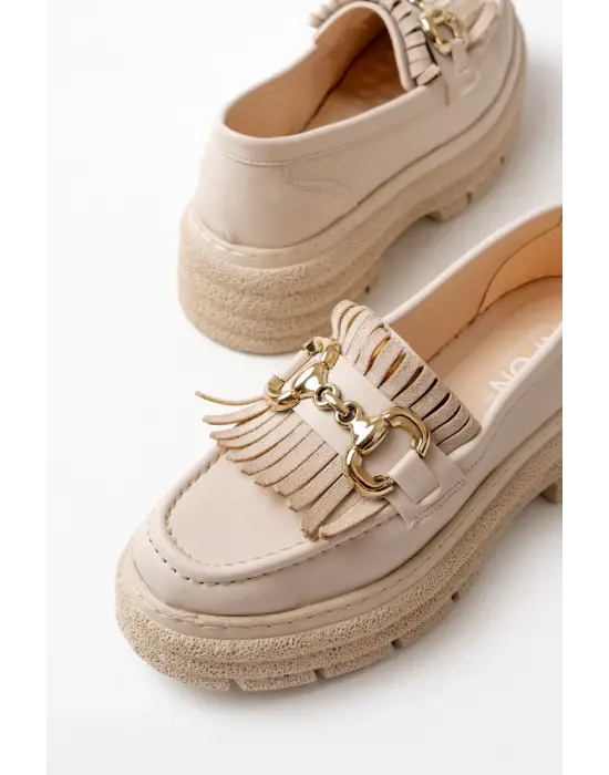 Bej Tokalı Günlük Yüksek Tabanlı Loafer Ayakkabı