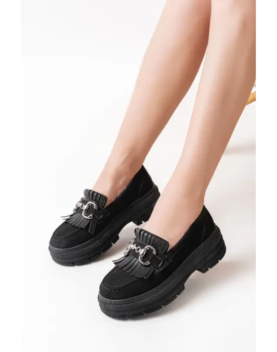 Siyah Süet Tokalı Günlük Yüksek Tabanlı Loafer Ayakkabı