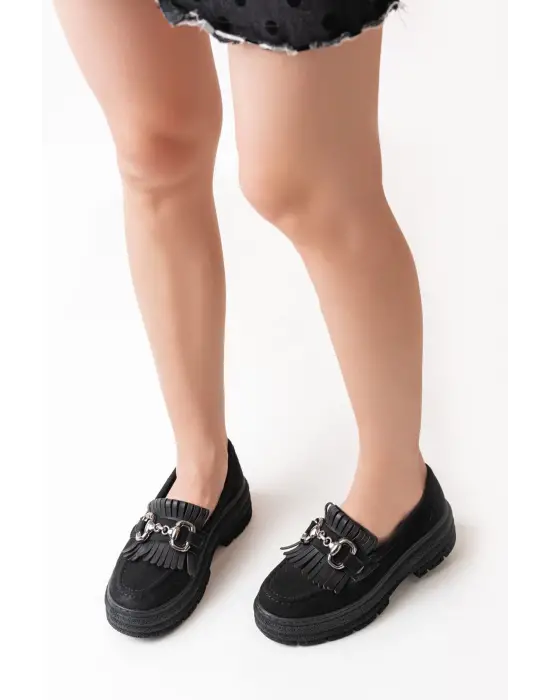 Siyah Süet Tokalı Günlük Yüksek Tabanlı Loafer Ayakkabı