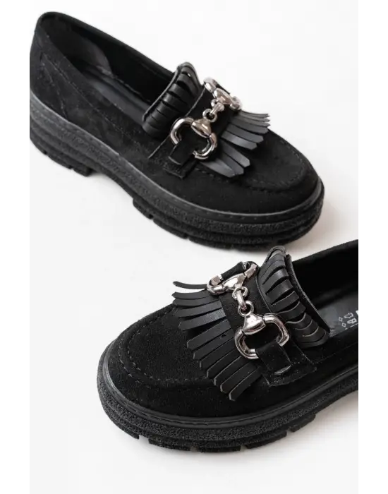 Siyah Süet Tokalı Günlük Yüksek Tabanlı Loafer Ayakkabı