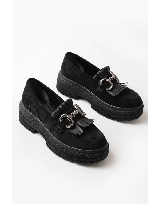Siyah Süet Tokalı Günlük Yüksek Tabanlı Loafer Ayakkabı
