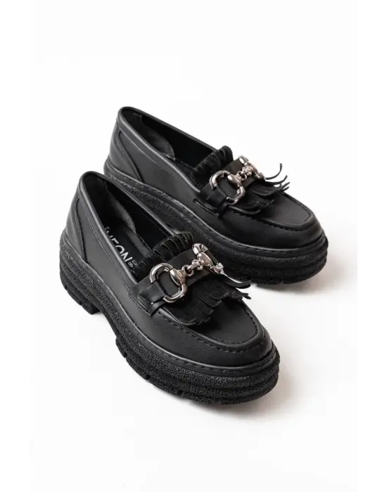 Siyah Tokalı Günlük Yüksek Tabanlı Loafer Ayakkabı