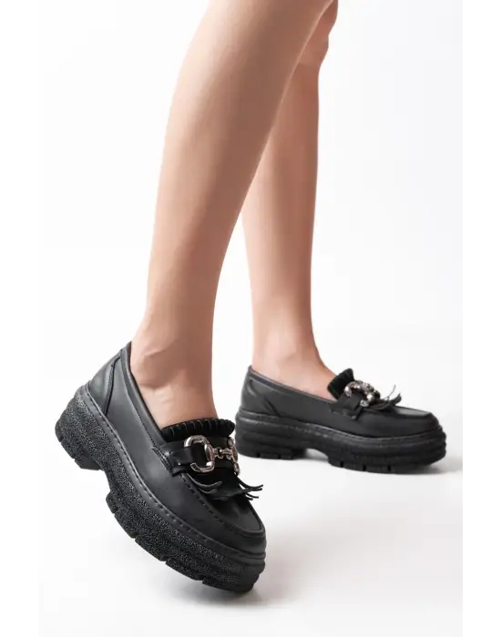 Siyah Tokalı Günlük Yüksek Tabanlı Loafer Ayakkabı