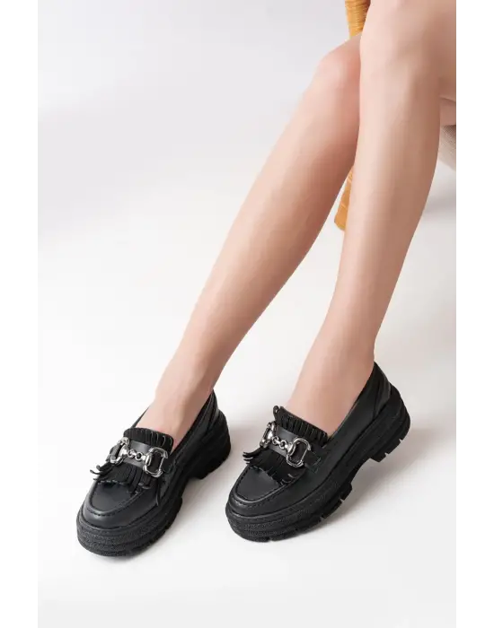 Siyah Tokalı Günlük Yüksek Tabanlı Loafer Ayakkabı