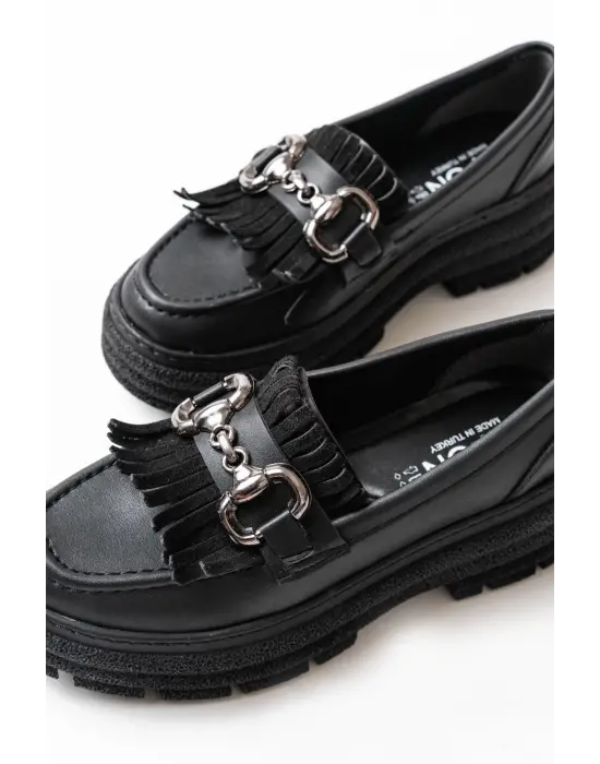 Siyah Tokalı Günlük Yüksek Tabanlı Loafer Ayakkabı