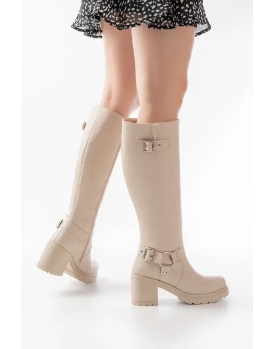 767-3005 Bej Toka Aksesuarlı Fermuarlı Günlük Kalın Topuklu Kadın Bot
