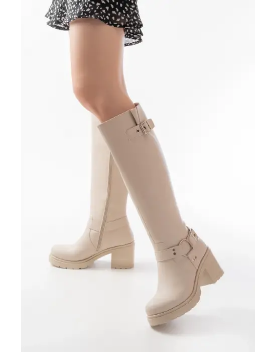 767-3005 Bej Toka Aksesuarlı Fermuarlı Günlük Kalın Topuklu Kadın Bot