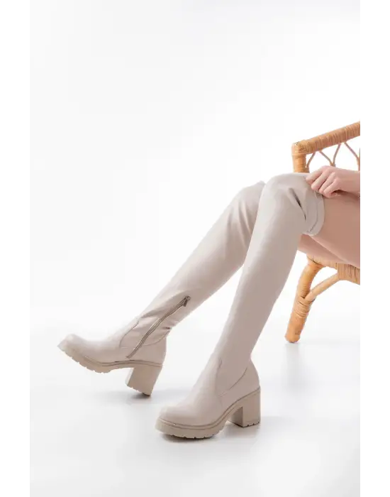 Bej Streç Günlük Kalın Topuklu Kadın Çizme