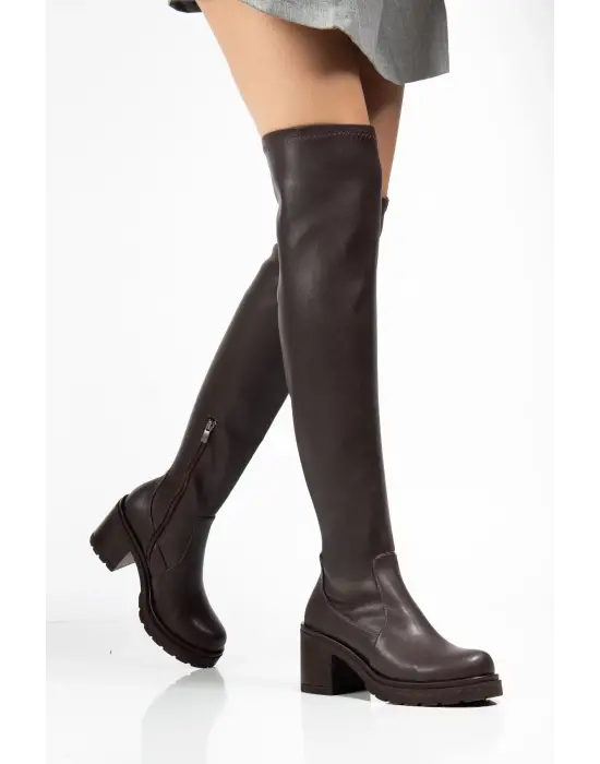 767-3010 Kahve Streç Günlük Kalın Topuklu Kadın Çizme