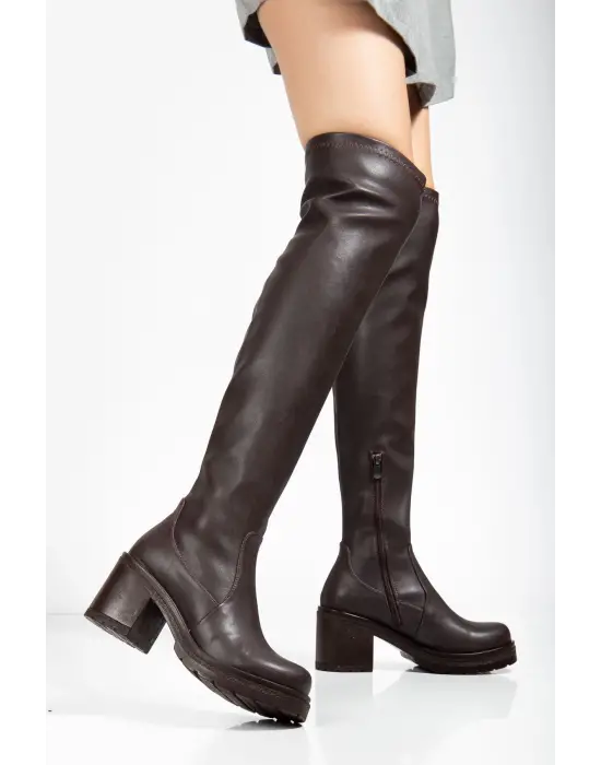 767-3010 Kahve Streç Günlük Kalın Topuklu Kadın Çizme