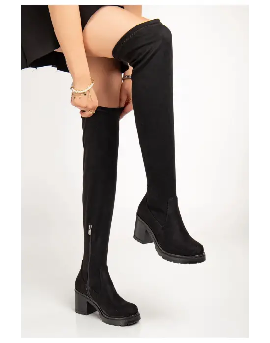 767-3010 Siyah Süet Streç Günlük Kalın Topuklu Kadın Çizme