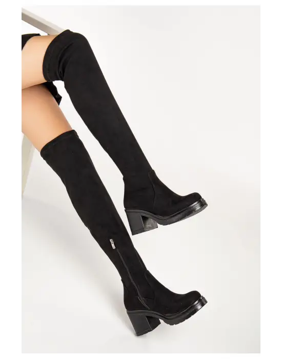 767-3010 Siyah Süet Streç Günlük Kalın Topuklu Kadın Çizme