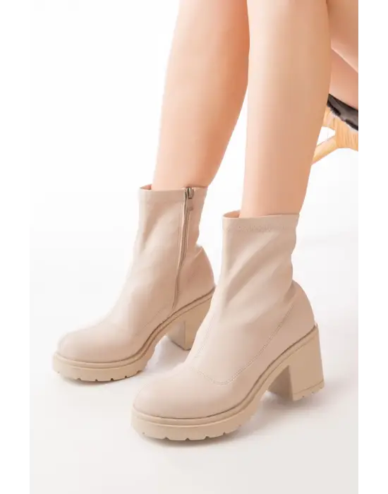Streç Bej Fermuarlı Kalın Topuklu Günlük Kadın Bot