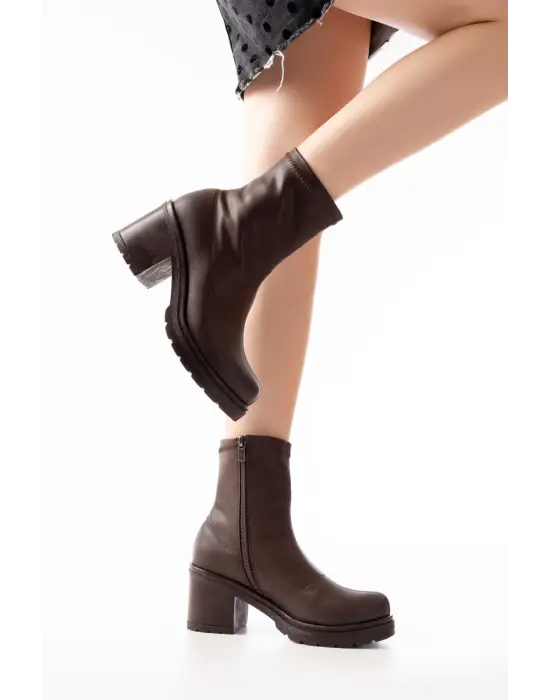 Streç Kahve Fermuarlı Kalın Topuklu Günlük Kadın Bot