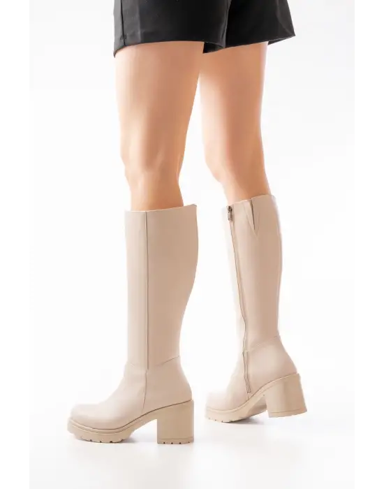 Bej Fermuarlı Günlük Kadın Çizme