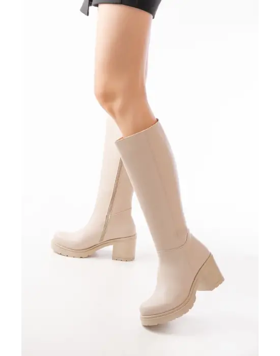 Bej Fermuarlı Günlük Kadın Çizme