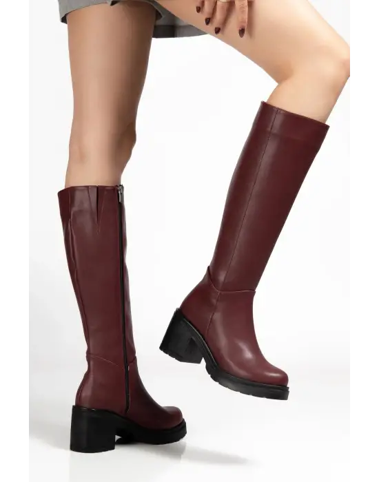 767-3013 Bordo Fermuarlı Günlük Kadın Çizme