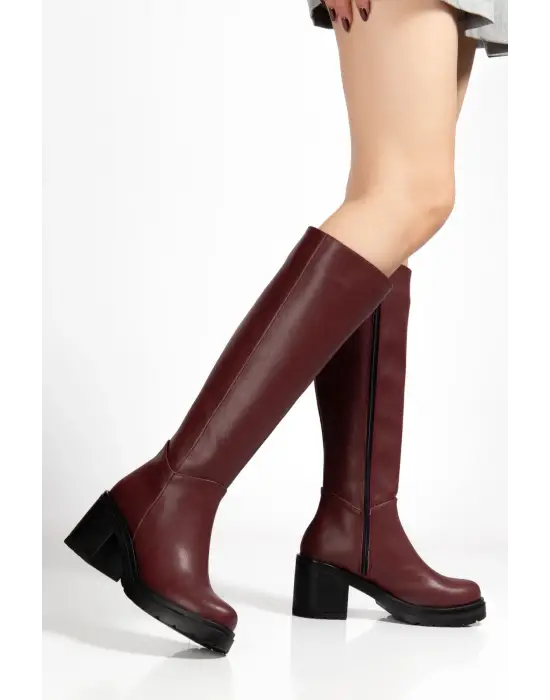 767-3013 Bordo Fermuarlı Günlük Kadın Çizme