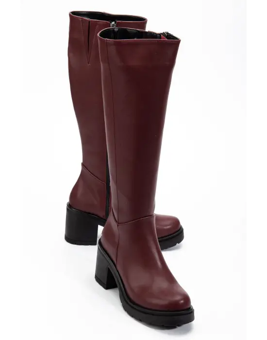 767-3013 Bordo Fermuarlı Günlük Kadın Çizme