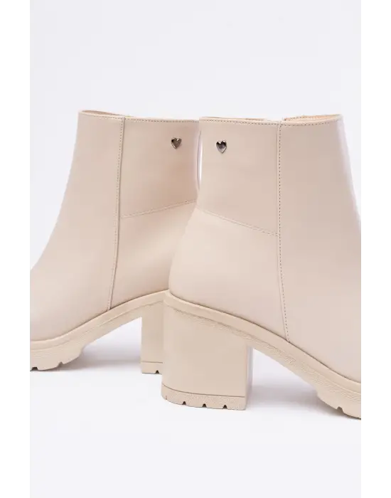 Bej Fermuarlı Kalın Topuklu Günlük Kadın Bot