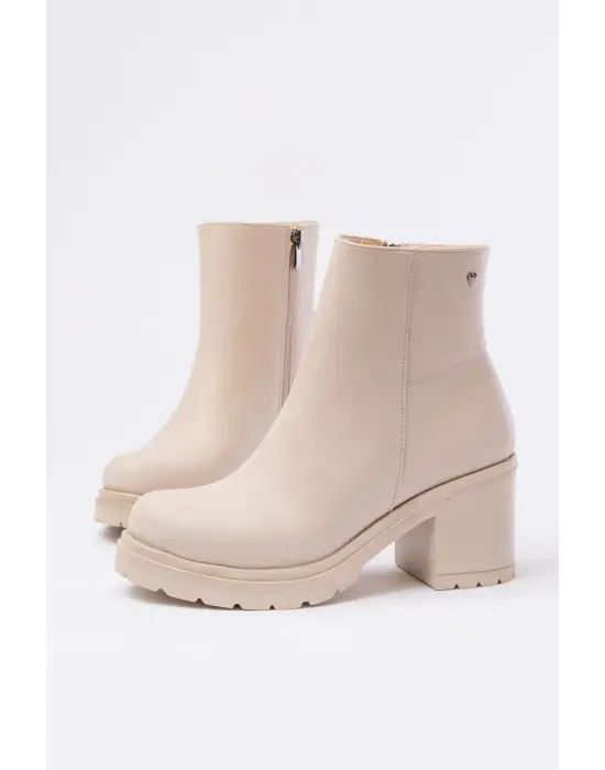 Bej Fermuarlı Kalın Topuklu Günlük Kadın Bot