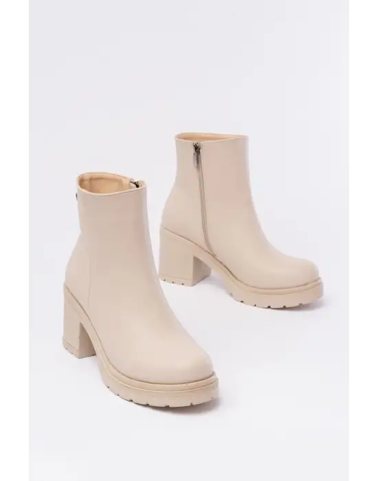 Bej Fermuarlı Kalın Topuklu Günlük Kadın Bot