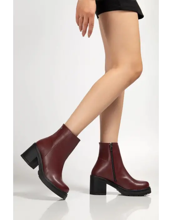 767-3020 Bordo Fermuarlı Kalın Topuklu Günlük Kadın Bot