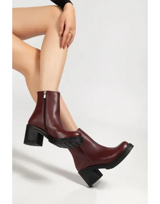 767-3020 Bordo Fermuarlı Kalın Topuklu Günlük Kadın Bot